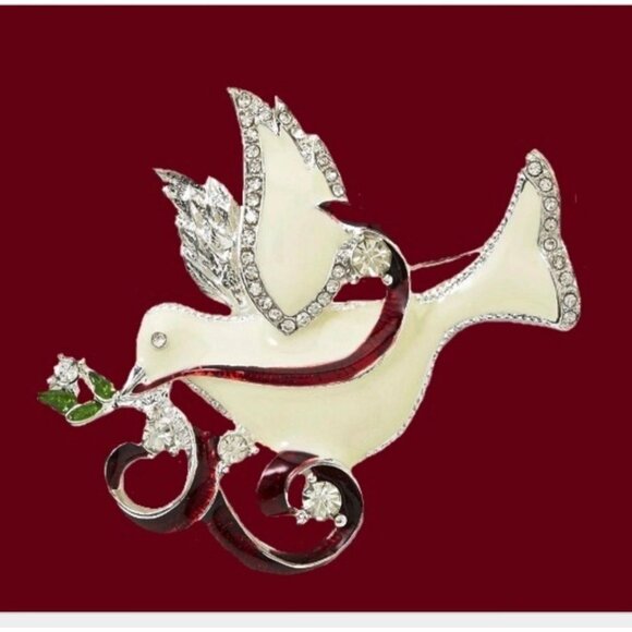 VINTAGE 80'S JACQUELINE SMITH ENAMEL AND RHINESTONES DOVE LAPEL BROOCH - Picture 1 of 3